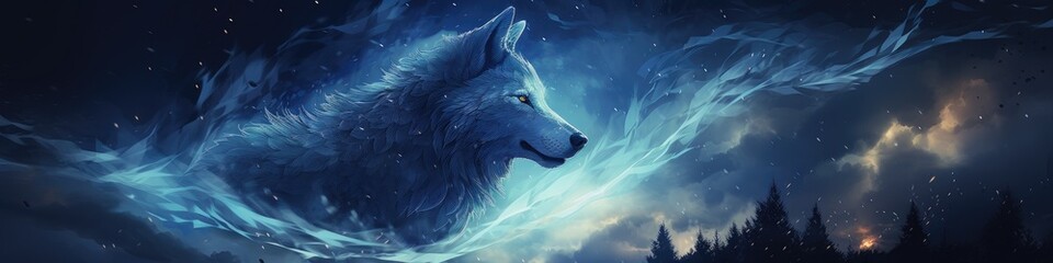 Portrait of wolf on the blue midnight sky banner, wildlife concept