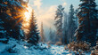 Winter snow-covered forest background with copy space. 