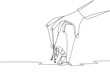 Single continuous line drawing robot kneel, entire body bound by ropes controlled by giant hands. Deep despair. Artificial intelligence not functioning optimally. One line design vector illustration