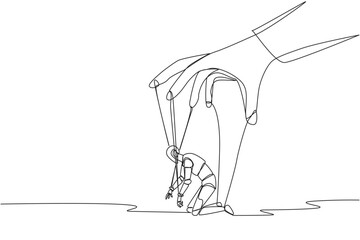 Poster - single continuous line drawing robot kneel, entire body bound by ropes controlled by giant hands. de