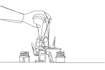 Poster - Single one line drawing astronaut typing on laptop, hand moved by ropes. The situation is out of control. Unable to make a proper expedition report. Cosmic. Continuous line design graphic illustration
