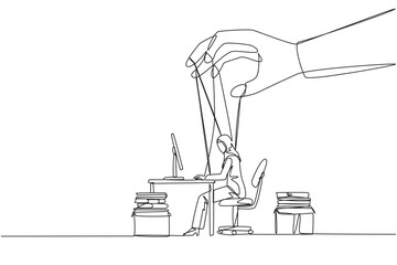 Poster - Single continuous line drawing Arab businesswoman typing on laptop, hand moved by ropes. The situation is out of control. Not as expected. Someone is in control. One line design vector illustration