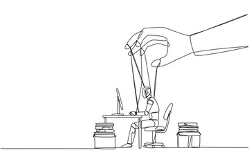 Poster - Single continuous line drawing robot typing on a laptop, hand moved by rope controlled by a giant hand. Controlling everything. Enslave robots. Future tech concept. One line design vector illustration