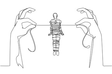 Poster - Single continuous line drawing robot standing and tied by a rope held by 2 giant hands. Incorrect program code. Failed to provide artificial intelligence. Tech. One line design vector illustration