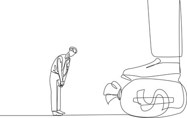 Poster - Single continuous line drawing businessman nodded in front of the giant foot stepping on the money bag. Good relationship. Entrepreneurs who respect financiers. One line design vector illustration