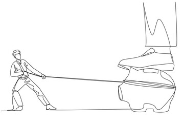 Poster - Single one line drawing businessman tries to take piggy bank stepped on by giant foot. Attempting to take ownership of investment. Fight to get decent life. Continuous line design graphic illustration