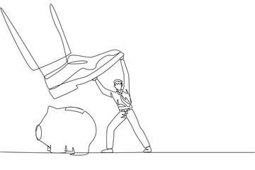Poster - single continuous line drawing businessman holds back giant foot wants to step on piggy bank. protec