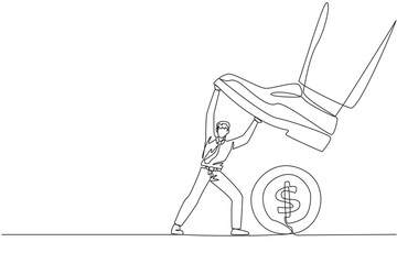 Poster - Continuous one line drawing businessman holds back a giant foot wants to step on large coin with dollar symbol. Resist vandals who want to thwart business. Single line draw design vector illustration