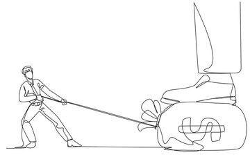Poster - Continuous one line drawing tries to take money bag stepped on by giant foot with the rope. Arbitrary attitude. Work for large investment. Seize profits. Single line draw design vector illustration