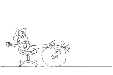 Poster - Single one line drawing businesswoman sitting relaxed in a work chair while holding a mug. Foot resting on the big money bag. Enjoying tremendous success. Continuous line design graphic illustration