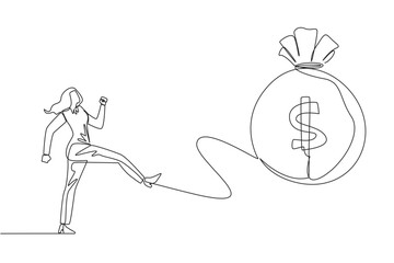 Poster - Single continuous line drawing businesswoman kicking the money bag. Pointless anger. Wasting a lot of capital without making a profit. No investments are empowered. One line design vector illustration