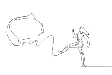 Poster - Single one line drawing businesswoman kicking the piggy bank. Bad example. Doing useless things. Living without having assets. Difficulty in retirement. Continuous line design graphic illustration