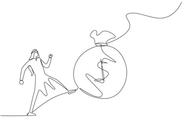 Poster - continuous one line drawing angry arabian businessman kicking the money bag. not appreciating what h