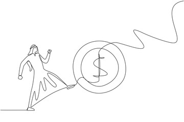 Poster - Single one line drawing Arabian businessman kicking a coin with a dollar symbol. Actions that are not worthy of imitation. Throwing away capital for free. Continuous line design graphic illustration