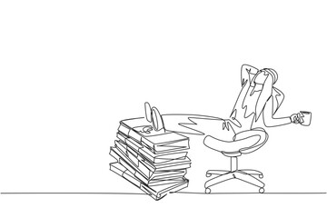Poster - Continuous one line drawing Arab businessman sitting relaxed in a work chair. Foot resting on stacks of banknotes. Dreams of success come true. Marvelous. Single line draw design vector illustration