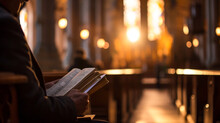 A Pastor Reading The Bible In A Church Before A Service, Bible, Blurred Background, With Copy Space