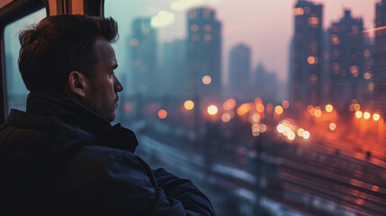 A man looking at the city skyline while traveling in an elevated train, blurred background, with copy space