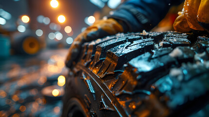 tire at repairing service garage. Technician man replacing winter and summer tire for safety. Transportation and automotive maintenance concept