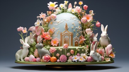 Poster -  a cake decorated with flowers, rabbits, and a church on top of a green platter on a gray background.