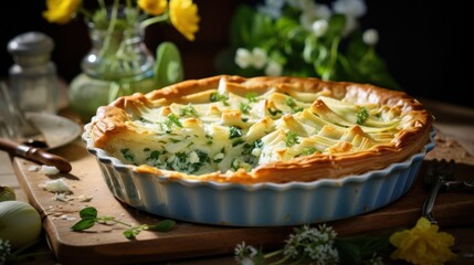 Poster -  a close up of a pie in a pan on a cutting board with flowers in a vase in the background.