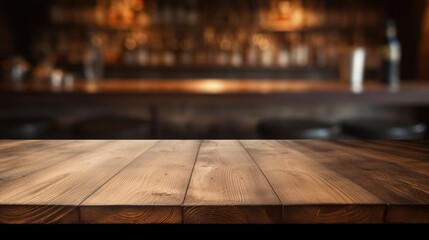 Wall Mural -  a close up of a wooden table with a blurry image of a bar in the background.