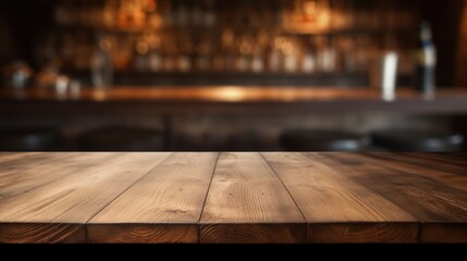  a close up of a wooden table with a blurry image of a bar in the background.