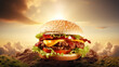 A giant hamburger with thick meat and melted cheese in the middle of the forest,,
A hamburger with a lot of cheese on it

