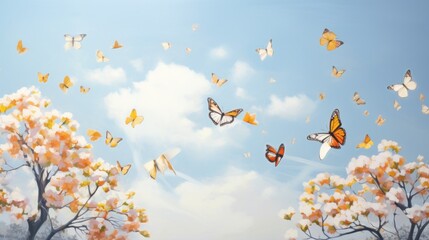 Poster -  a painting of a group of butterflies flying in the sky above a tree filled with pink and white flowers with a blue sky in the background.