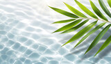 Fototapeta Sypialnia - spa background banner with green bamboo leaf on white transparent water wave in sunlight, concept with copy space for travel, cosmetics and beauty care