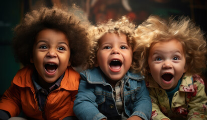 Wall Mural - Toddler friends engaged in a game of funny faces, showcasing the pure joy of expressing emotions through laughter. Generative Ai.