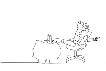 Continuous one line drawing smart robot sitting on work chair holding mug. Foot resting on piggy bank. Programmed to generate investment. Future technology. Single line draw design vector illustration