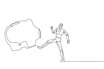 Poster - Single continuous line drawing smart robot kicking piggy bank. Programming error. Misperception. Robots become wasteful and lose assets. Future technology. AI. One line design vector illustration