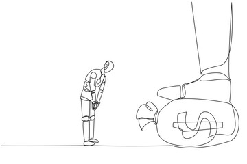 Poster - continuous one line drawing smart robot nodded in front of the giant foot stepping on the money bag.