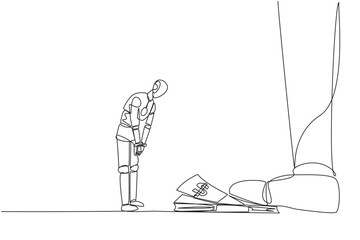 Poster - Single one line drawing smart robot nodded in front of giant foot stepping on stack of banknotes. Obedient robot. Profit-making robot. Future technology. Continuous line design graphic illustration