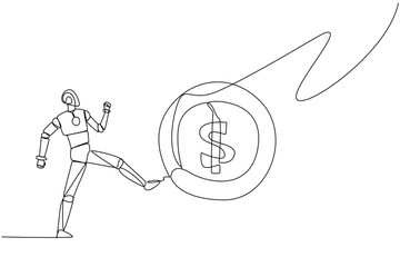Poster - Single continuous line drawing robot kicking the big coin with a dollar symbol. Errors in providing artificial intelligence programs. Arbitrarily. Future tech. One line design vector illustration