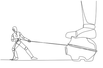Poster - Single continuous line drawing smart robot tries to take piggy bank stepped on by giant foot. With artificial intelligence, pulling with a rope. Technology AI. One line design vector illustration
