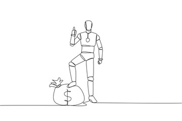 Poster - Single continuous line drawing smart robot stands with thumbs up pose and steps on the money bag with one of foot. Programmed to work smart. Future technology. One line design vector illustration