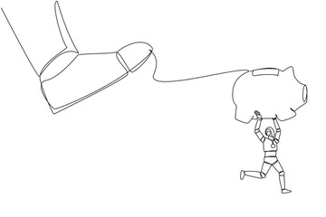 Poster - Continuous one line drawing smart robot carrying piggy bank runaway from giant foot. Fatal programming error. Giant robot goes on rampage, rest save assets. Single line draw design vector illustration