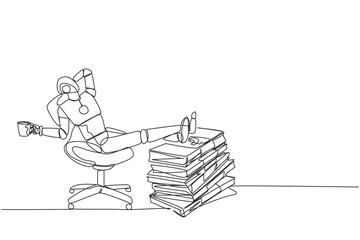 Poster - Continuous one line drawing robot sitting on a work chair holding mug. Foot resting on stacks of banknotes. The most successful and richest robot. Future. Single line draw design vector illustration