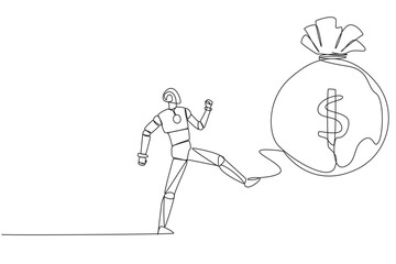 Poster - Single one line drawing smart robot kicking money bag. Freedom to act without knowing the rules. Machine testing. Future technology development concept. Continuous line design graphic illustration