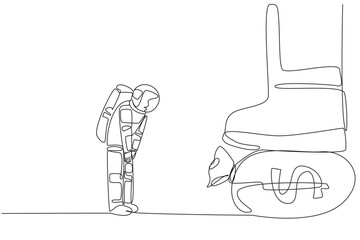 Poster - Single continuous line drawing astronaut nodded in front of giant foot stepping on money bag. Orders collect large amounts of money. Preparing to land on the moon. One line design vector illustration