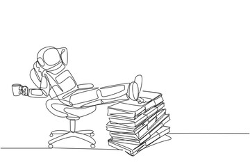 Poster - Single one line drawing astronaut sitting relaxed in work chair holding mug. Funds collected. Sit back and relax before going on an expedition to the moon. Continuous line design graphic illustration