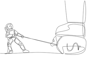 Poster - Single one line drawing astronaut tries to take money bag stepped on by giant foot with the rope. Withdraw large amounts of emergency funds. Cosmonaut. Continuous line design graphic illustration