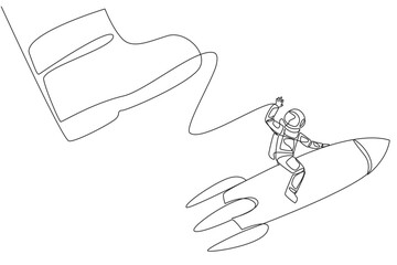 Poster - Continuous one line drawing astronaut riding a rocket flies away from the giant foot. A bully who tries to ruin the flight schedule to the moon. Galaxy. Single line draw design vector illustration