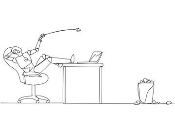 Poster - Single one line drawing robot sitting in chair throwing wads of paper into the trash. Trying to reprogram artificial intelligence. Looking for better idea. Continuous line design graphic illustration