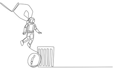 Poster - single continuous line drawing astronaut is lifted by a giant hand will be put into trash can. destr