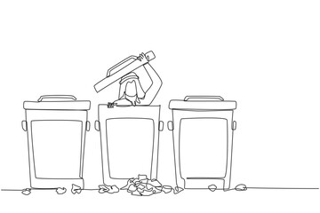 Wall Mural - Continuous one line drawing Arabian businessman peeking out of trash can, there were lots of wads of paper. Hide from being chased by debt collectors. Sad. Single line draw design vector illustration