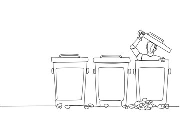 Poster - Single one line drawing robot peeking out of the trash can, there were lots of wads of paper. Programmed to have sensitivity. Embarrassed. Future tech. Continuous line design graphic illustration