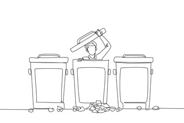Poster - continuous one line drawing businessman peeking out of trash can, there were lots of wads of paper. 