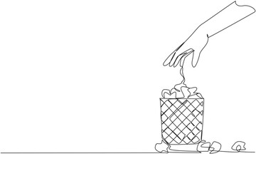 Poster - single one line drawing hand throws wadded paper into wire mesh trash can. always fail to write down
